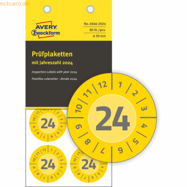 Avery Zweckform Prüfplaketten 2024 30mm VE=80 Etiketten gelb von Avery Zweckform