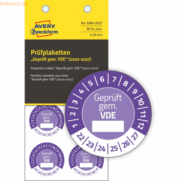 Avery Zweckform Prüfplaketten 30mm 10 Bogen/80 Etiketten 2022 violett von Avery Zweckform
