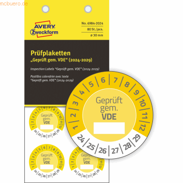 Avery Zweckform Prüfplaketten 30mm 10 Bogen/80 Etiketten 2024 gelb von Avery Zweckform