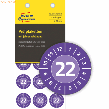 Avery Zweckform Prüfplaketten mit Jahreszahl (2022) Vinyl 20mm violett von Avery Zweckform