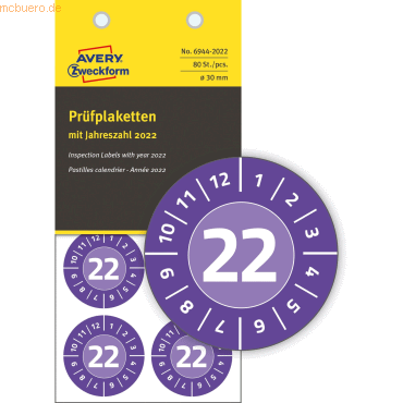 Avery Zweckform Prüfplaketten mit Jahreszahl (2022) Vinyl 30mm violett von Avery Zweckform