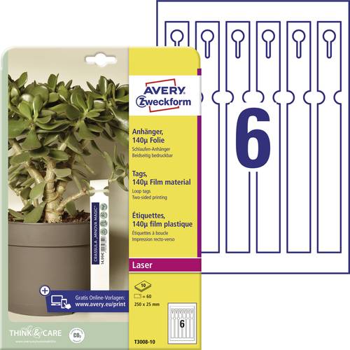 Avery-Zweckform T3008-10 Schlaufenanhänger-Etiketten 250 x 25mm Polyester Weiß 60 St. Nicht kleben von Avery-Zweckform