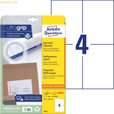 Avery Zweckform Universal-Etiketten ultragrip 105x148 mm VE=120 Etiket Avery Zweckform Universal-Etiketten ultragrip 105x148 mm VE=120 Etiket von Avery Zweckform