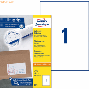 Avery Zweckform Universal-Etiketten ultragrip 210x297 mm VE=100 Etiket von Avery Zweckform