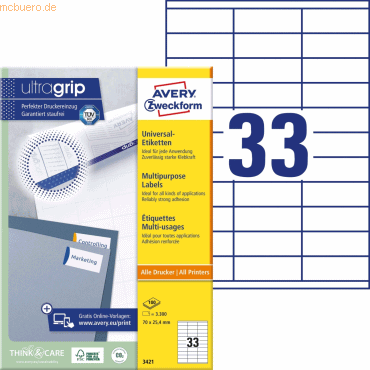 Avery Zweckform Universal-Etiketten ultragrip 70x25,4 mm VE=3.300 Etik von Avery Zweckform