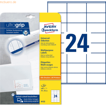 Avery Zweckform Universal-Etiketten ultragrip 70x36 mm VE=240 Etikette von Avery Zweckform