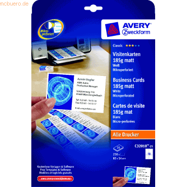 Avery Zweckform Visitenkarten Inkjet/Laser/Kopier 185g weiß VE=250 Stü von Avery Zweckform