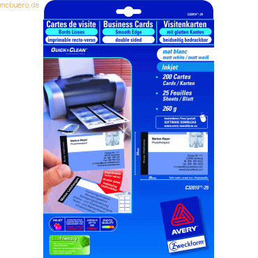 Avery Zweckform Visitenkarten Inkjet 260g weiß matt VE=200 Stück Avery Zweckform Visitenkarten Inkjet 260g weiß matt VE=200 Stück von Avery Zweckform