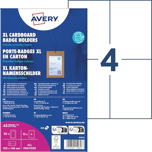 AVERY Zweckform 4839XL Namensschilder für Kleidung 50 Stück (148x105mm, A6 Namenschilder-Taschen inkl. 52 Stück blanko Einsteckschilder, Ausweishüllen aus Karton, Einsteckkarten bedruckbar) weiß AVERY Zweckform 4839XL Namensschilder für Kleidung 50 Stück (148x105mm, A6 Namenschilder-Taschen inkl. 52 Stück blanko Einsteckschilder, Ausweishüllen aus Karton, Einsteckkarten bedruckbar) weiß von AVERY Zweckform