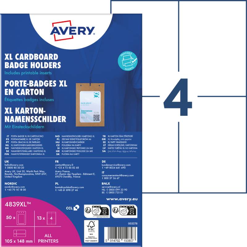 AVERY Namensschilder-Tasche XL, aus Karton, 105 x 148 mm von Avery
