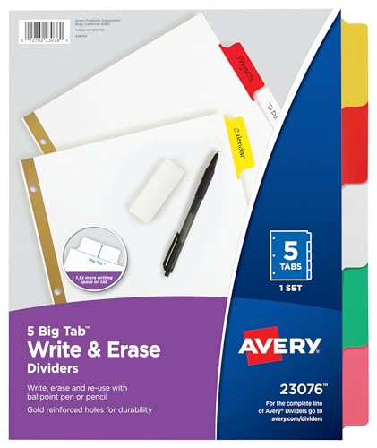 Avery 23076 Big Tab Schreib- und Lösch-Trennblätter, 5 bunte Tabs, 1 Set 5 Reiter 48-pack von Avery