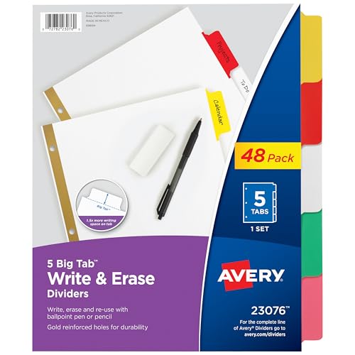 Avery 23076 Big Tab Schreib- und Lösch-Trennblätter, 5 bunte Tabs, 1 Set 5 Reiter 48-pack von Avery