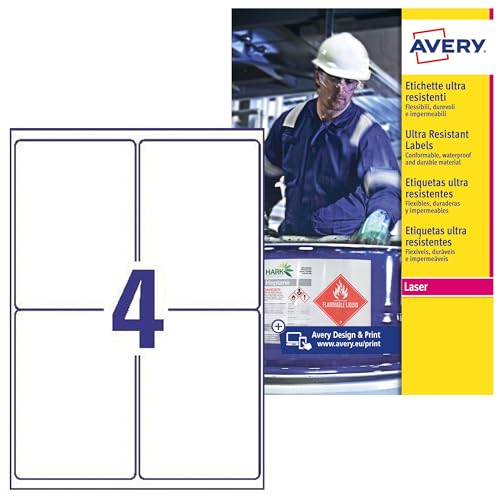 Avery B3483–50 A4 Ultra robuste Wasserdicht GHS Etiketten, bs5609 zertifiziert, für alle Drucker, 105 x 148 mm, weiß von Avery