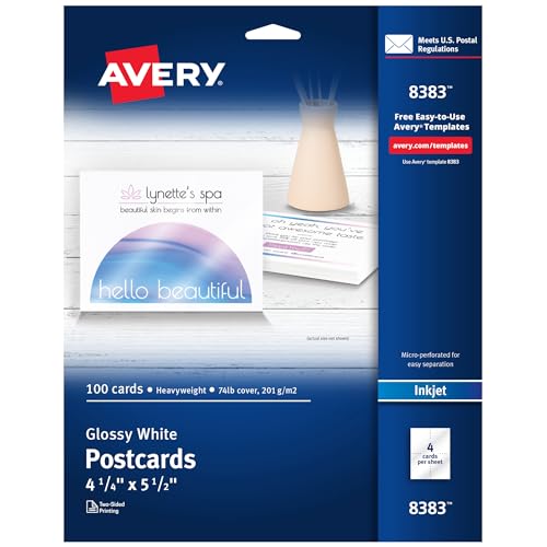 Avery Bedruckbare Postkarten, 10,8 x 14,0 cm, weiß glänzend, 100 Blanko-Postkarten für Tintenstrahl- und Laserdrucker (8383) von Avery