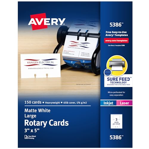 Avery Bedruckbare Rotationskarten mit Sure Feed Technologie, 7,6 x 12,7 cm, weiß, 150 Blankokarten für Laser- oder Tintenstrahldrucker (05386) von Avery