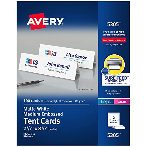 Avery Bedruckbare Zeltkarten mit Sure Feed Technologie, 6,3 x 21,6 cm, weiß mit geprägtem Rand, 100 leere Tischkarten für Laser- oder Tintenstrahldrucker (05305) von Avery