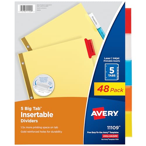 Avery Big Tab Einführbare Trennblätter, Buff Papier, 5 bunte Tabs, Etui mit 48 Sets (11109) von Avery
