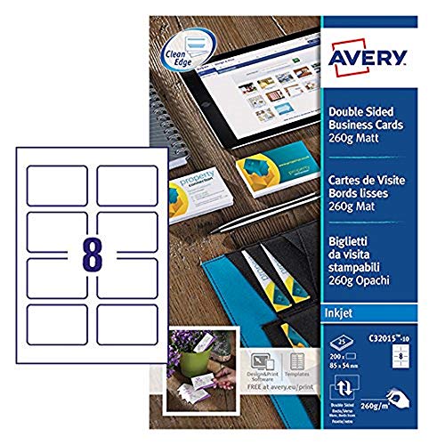 Avery C32015-10 Umschlag, 80 Visitenkarten, glattem Rand 260 g/qm matt, 85 x 54 mm Avery C32015-10 Umschlag, 80 Visitenkarten, glattem Rand 260 g/qm matt, 85 x 54 mm von Avery