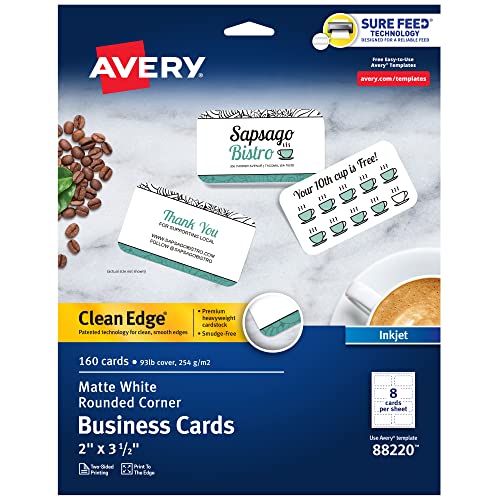 Avery Clean Edge bedruckbare Visitenkarten mit Sure Feed Technologie, abgerundete Ecken, 5,1 x 8,9 cm, weiß, 160 leere Karten für Tintenstrahldrucker (88220) von Avery