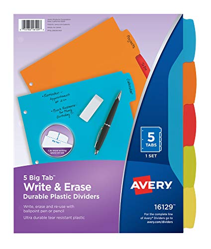 Avery Durable Plastic 5-Tab Write & Erase Big Tab Dividers for 3 Ring Binders, Multicolor, 24 Sets (16129) von Avery