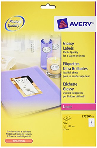 Avery España L7760-25 CD-Etiketten, glänzend, 2 Etiketten pro Blatt, Durchmesser 117 mm, Weiß, 25 Stück Avery España L7760-25 CD-Etiketten, glänzend, 2 Etiketten pro Blatt, Durchmesser 117 mm, Weiß, 25 Stück von Avery
