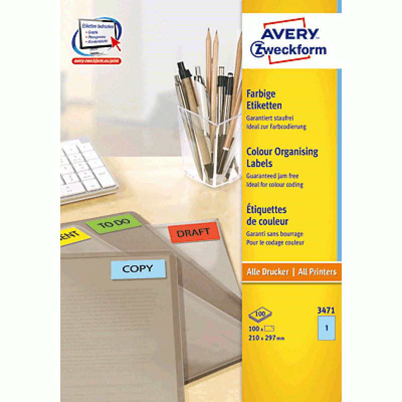 Avery - Etiketten - Blau - A4 (210 x 297 mm) - 100 Stck. (100 Bogen x 1) (3471) von Avery