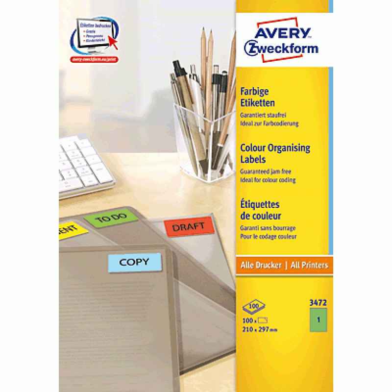 Avery - Etiketten - grün - A4 (210 x 297 mm) - 100 Stck. (100 Bogen x 1) (3472) von Avery