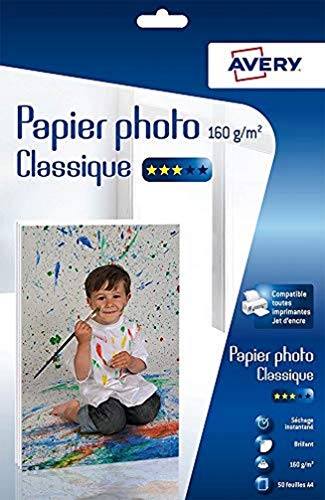 Avery Fotopapier glänzend A4, 50 Blatt, für Tintenstrahldrucker, klassisch, 160 g/m² von Avery