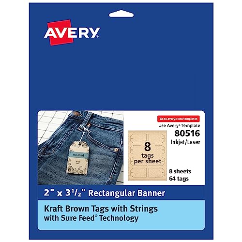 Avery Braune Kraftpapier-Banner-Tags mit Sure Feed-Technologie, 5,1 x 8,9 cm, Laser/Tintenstrahl, 64 bedruckbare Etiketten mit Schnüren von Avery