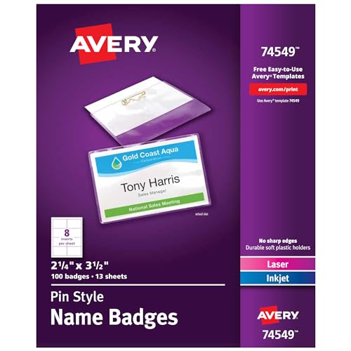 Avery Pin Style Namensschilder, 2,25 x 3,5 Zoll, weiß, Box mit 100 Stück (74549) von Avery