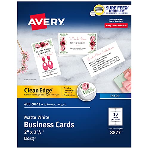 Avery Printable Business Cards, Inkjet Printers, 400 Cards, 2 x 3.5, Clean Edge, Heavyweight (8877), White von Avery