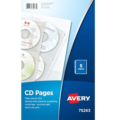 Avery Transparente DVD-Hüllen für 3-Ringbinder, zweiseitig, 5 Stück für insgesamt 20 CDs/DVDs (75263) von Avery