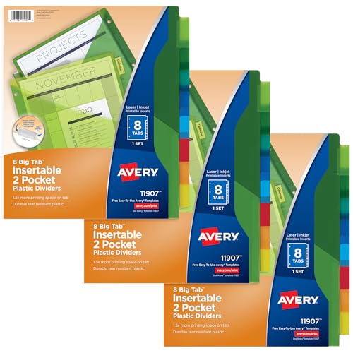 Avery Trennblätter für 3 Ringbücher, 8 Registerkarten, 2 Fächer, Kunststoff-Ordner-Trennblätter, einführbare große Register, mehrfarbig, 3 Sets (71907) von Avery