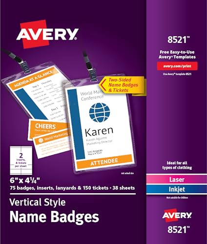 Avery Vertical Name Badges, 6" x 4.25", 75 Name Badges, Plastic Holders, Inserts and Lanyards and 150 Tickets Included (8521) von Avery