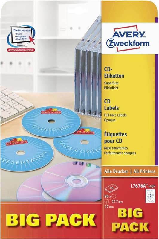 Avery-Zweckform Avery Zweckform L7676A-40P CD-Etiketten, Ø 117 mm, 40 Blatt/80 Etiketten, weiß (L7676A-40P) von Avery