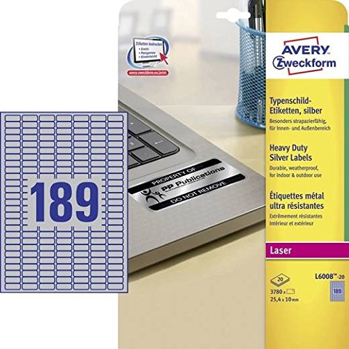 Avery-Zweckform L6008-20 Typenschild-Etiketten 25.4 x 10mm Polyester-Folie Silber 3780 St. Permanent Avery-Zweckform L6008-20 Typenschild-Etiketten 25.4 x 10mm Polyester-Folie Silber 3780 St. Permanent von Avery
