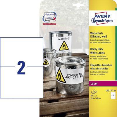 Avery Zweckform - Polyester, Polyethylenterephthalat (PET) - matt - permanenter Klebstoff - beschichtet - weiß - 210 x 148 mm 40 Etikett(en) (20 Bogen x 2) Etiketten (L4717-20) von Avery