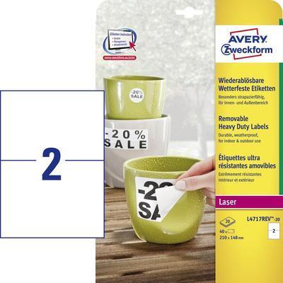 Avery Zweckform - Polyester - matt - entfernbarer Klebstoff - weiß - 210 x 148 mm 40 Etikett(en) (20 Bogen x 2) water-resistant labels (L4717REV-20) von Avery