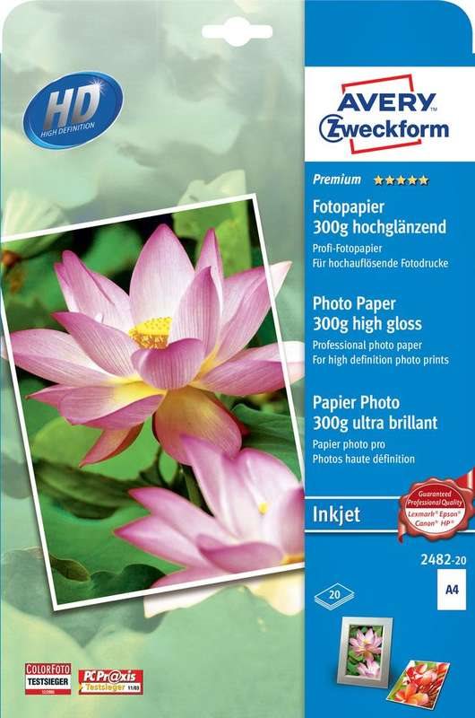 Avery Zweckform Premium Inkjet Photo Paper 2482 - Hochglänzend - weiß - A4 (210 x 297 mm) - 300 g/m² - 20 Blatt Fotopapier von Avery