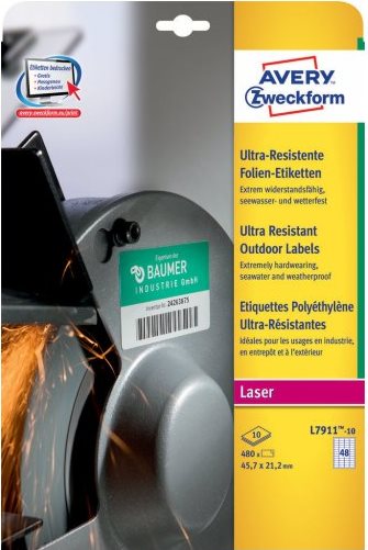 Avery Zweckform Ultra-Resistant Labels - Polyethylen (PE) - matt - permanenter Klebstoff - weiß - 45,7 x 21,2 mm 480 Etikett(en) (10 Bogen x 48) Etikett (L7911-10) von Avery