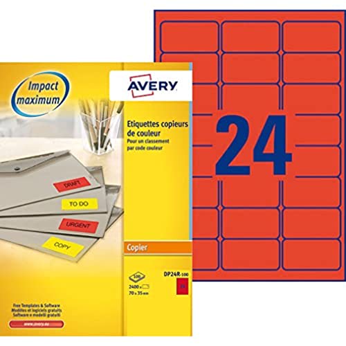 AVERY-DP24R 100-2400 Etiketten neon-rot multi usages. 70 x 35 mm, Druck für Kopierer von Avery