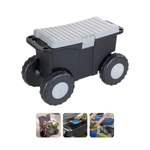Gartenwagen mit Rädern und Sitz – Trolley für Transport und Aufbewahrung von Gartengeräten, aus Kunststoff und Metall, 59 x 36 x 27 cm, 15 l, Grau und Schwarz Gartenwagen mit Rädern und Sitz – Trolley für Transport und Aufbewahrung von Gartengeräten, aus Kunststoff und Metall, 59 x 36 x 27 cm, 15 l, Grau und Schwarz von Avilia