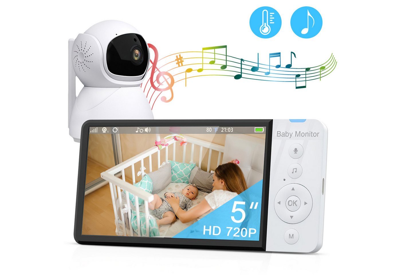 Avisto Babyphone Video-Babyphone Babyphone mit Kamera, Video Baby Monitor, Smart VOX-Modus, 2-facher Zoom per Fernbedienung, Extra Großer 5-Zoll-LCD-Bildschirm, Schlaflieder, Zwei-Wege-Audio, Gegensprechfunktion, Infrarot-Nachtsicht, Temperaturanzeige von Avisto