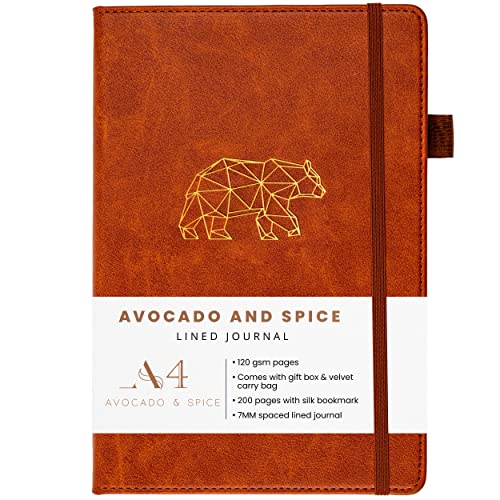 Avocado & Spice A4 Notizbuch Liniert, als Reise-Tagebuch, Notizblock, Journal, A4 Hardcover Tagesplaner mit Geschenkbox & Samtbeutel - mit Lesezeichen, elastischem Band, Stifthalter, 200 Seiten Braun von Avocado & Spice