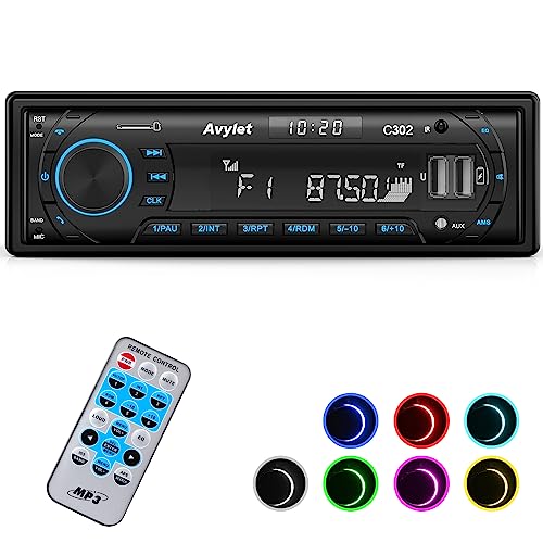 Autoradio Bluetooth 5.0,FM/AM 7 Farben Autoradio mit Bluetooth Freisprecheinrichtung,1 DIN Radio Stereo mit 2 USB/AUX/SD Karte/MP3-Player,Unterstützung für iOS, Android,30 Radiostationen speichern von Avylet