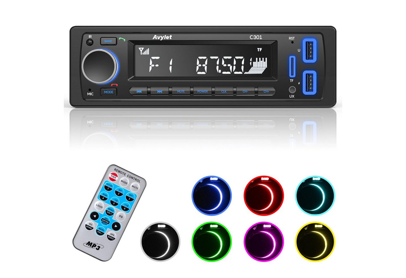 Avylet 1 Din Autoradio Bluetooth mit Freisprecheinrichtung,7 Farben FM/USB Autoradio (Autoradio 1 Din mit 2 USB/AUX/SD Karte/MP3-Player, Kompatibel mit Smartphone,Bluetooth,Auxiliary,USB,Drucktaste) von Avylet