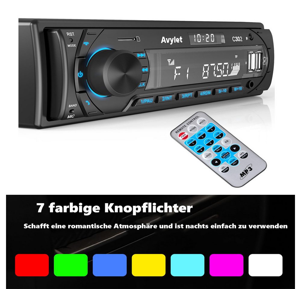 Avylet Bluetooth Autoradio mit FM/AM radio,Spotify,7 Farben Buntes Licht Autoradio (Hände frei,LCD mit Uhr,Anpassen des EQ-Sounds,Stromausfall speicher, Kompatible mit Lautsprecher, Smartphone,Android und iOS) Avylet Bluetooth Autoradio mit FM/AM radio,Spotify,7 Farben Buntes Licht Autoradio (Hände frei,LCD mit Uhr,Anpassen des EQ-Sounds,Stromausfall speicher, Kompatible mit Lautsprecher, Smartphone,Android und iOS) von Avylet