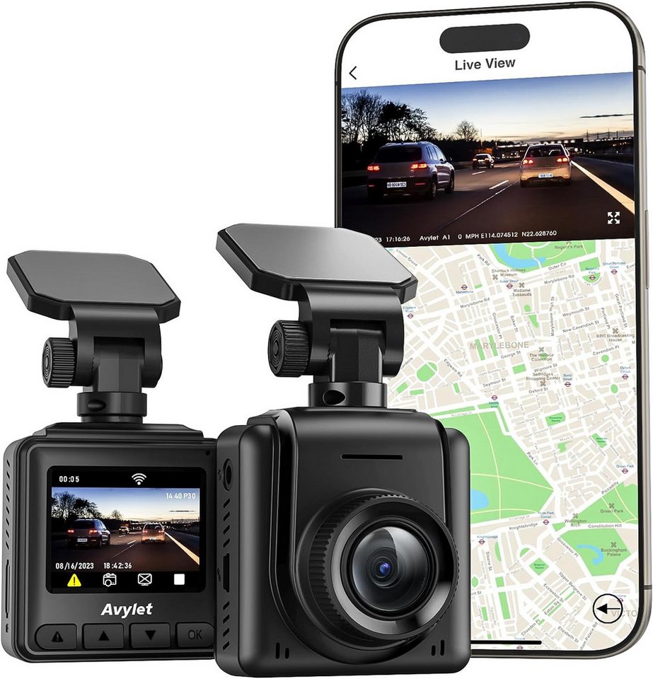 Avylet Dashcam Auto WiFi 2K, Mini Vorne Autokamera Unterstützt externes GPS Dashcam (1440P HD, WLAN (Wi-Fi), APP,IPS-Bildschirm,Bewegungserkennung,G-Sensor, Ultra Nachtsicht,170°Weitwinkel,WDR,24 Std.Parkmodus) von Avylet