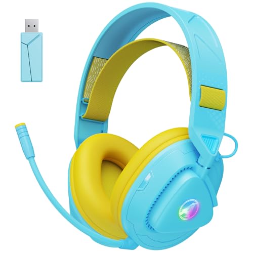 Awinnasey Wireless Gaming Headset mit Mikrofon, Over Ear Bluetooth Gaming Kopfhörer mit RGB Lichter, 2,4 GHz Gaming Headset, Kabellose Gaming Headset für PS5/PS4/Switch/PC/Mac, Blau Gelb von Awinnasey