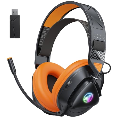 Awinnasey Wireless Gaming Headset mit Mikrofon, 2,4 GHz Kabellose und Bluetooth Gaming Kopfhörer mit RGB Lichter, Gaming Headset für PS5/PS4/Switch/PC/Mac, Schwarz Orange von Awinnasey